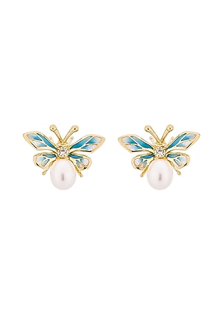 Gold Finish Blue Enameled Butterfly Stud Earrings In Sterling Silver by MISS JO