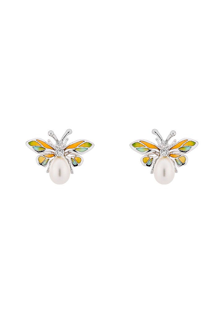 White Rhodium Finish Orange Enameled Butterfly Stud Earrings In Sterling Silver by MISS JO at Pernia's Pop Up Shop