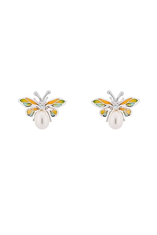 White Rhodium Finish Orange Enameled Butterfly Stud Earrings In Sterling Silver by MISS JO