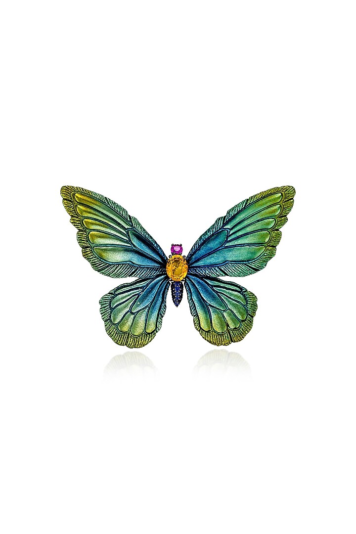 White Rhodium Finish Green Enameled Butterfly Statement Brooch In Sterling Silver by MISS JO at Pernia's Pop Up Shop