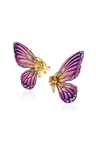 Gold Finish Purple Enameled Butterfly Stud Earrings In Sterling Silver by MISS JO