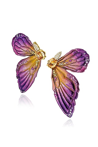 Gold Finish Purple Enameled Butterfly Stud Earrings In Sterling Silver by MISS JO