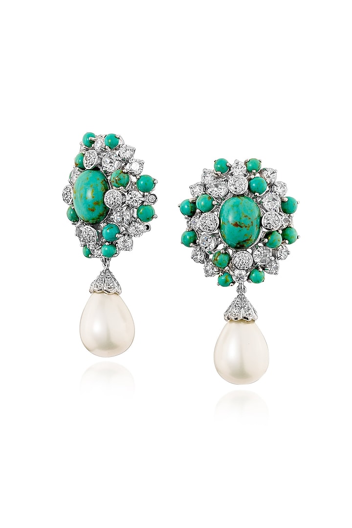 White Rhodium Finish Pearl & Coral Stone Dangler Earrings In Sterling Silver by MISS JO at Pernia's Pop Up Shop