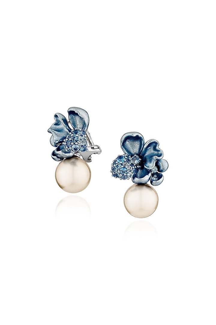 White Rhodium Finish Pearl Turquoise Floral Stud Earrings In Sterling Silver by MISS JO at Pernia's Pop Up Shop