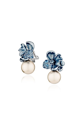 White Rhodium Finish Pearl Turquoise Floral Stud Earrings In Sterling Silver by MISS JO