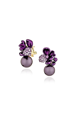 Gold Finish Pearl Purple Floral Stud Earrings In Sterling Silver by MISS JO