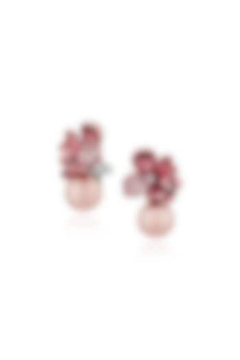 White Rhodium Finish Pearl Pink Floral Stud Earrings In Sterling Silver by MISS JO at Pernia's Pop Up Shop
