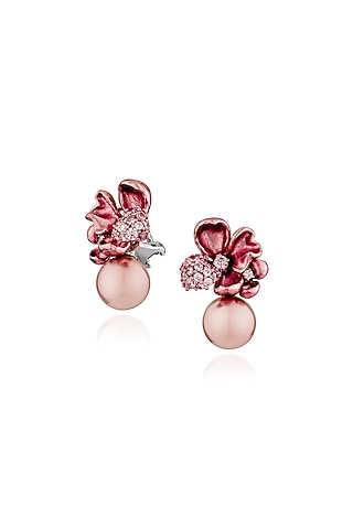 White Rhodium Finish Pearl Pink Floral Stud Earrings In Sterling Silver by MISS JO