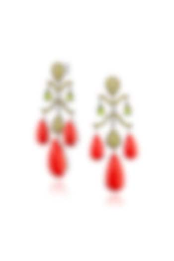White Rhodium Finish Green & Coral Stone Dangler Earrings In Sterling Silver by MISS JO at Pernia's Pop Up Shop