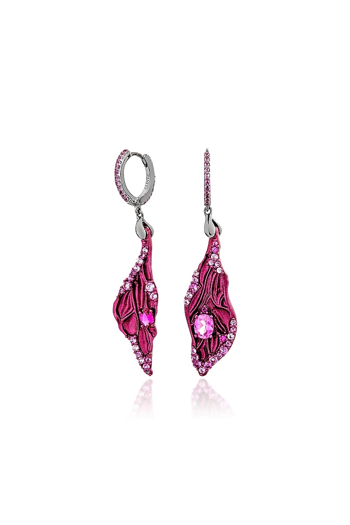 White Rhodium Finish Pink Stone Dangler Earrings In Sterling Silver by MISS JO at Pernia's Pop Up Shop