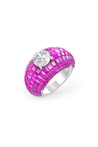 White Rhodium Finish Ruby Synthetic Spinel & White Stone Ring In Sterling Silver by MISS JO