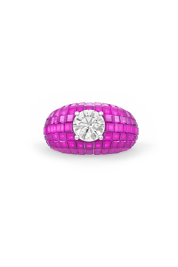 White Rhodium Finish Ruby Synthetic Spinel & White Stone Ring In Sterling Silver by MISS JO at Pernia's Pop Up Shop