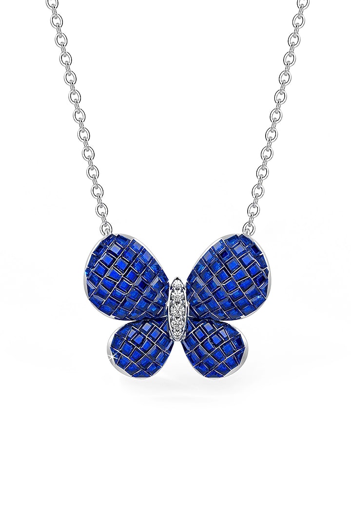 White Rhodium Finish Sapphire Synthetic Spinel Pendant Necklace In Sterling Silver by MISS JO at Pernia's Pop Up Shop