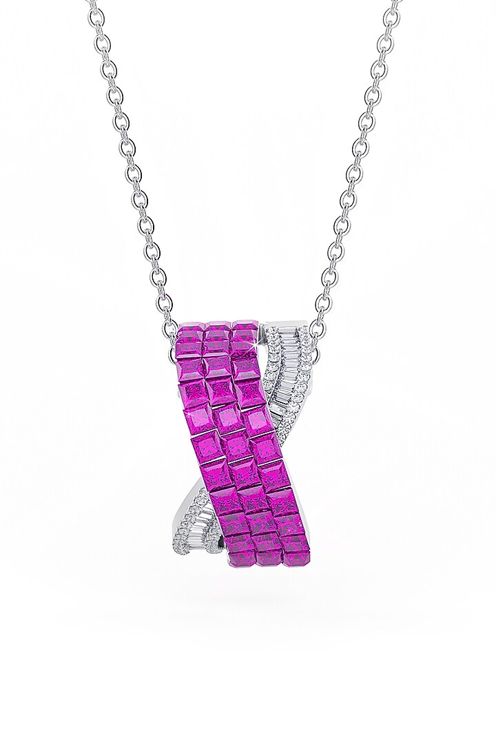 White Rhodium Finish Ruby Synthetic Spinel Criss-Cross Pendant Necklace In Sterling Silver by MISS JO at Pernia's Pop Up Shop