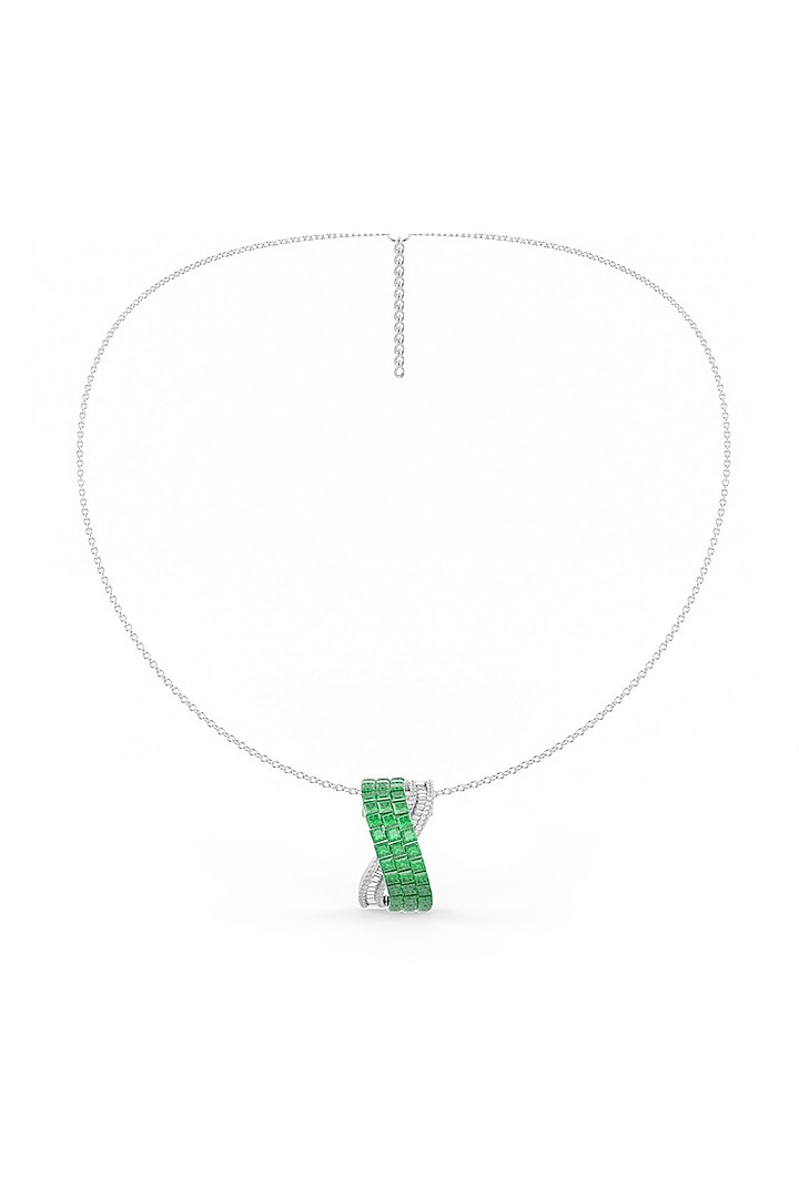 White Rhodium Finish Emerald Synthetic Spinel Criss-Cross Pendant Necklace In Sterling Silver by MISS JO at Pernia's Pop Up Shop