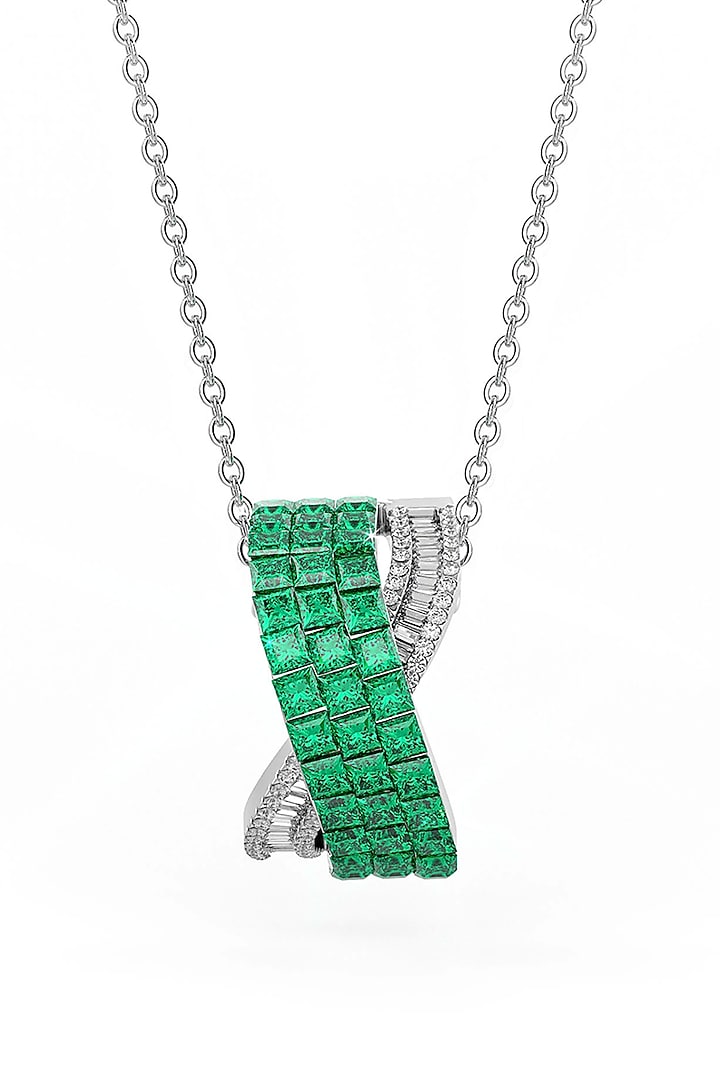 White Rhodium Finish Emerald Synthetic Spinel Criss-Cross Pendant Necklace In Sterling Silver by MISS JO at Pernia's Pop Up Shop