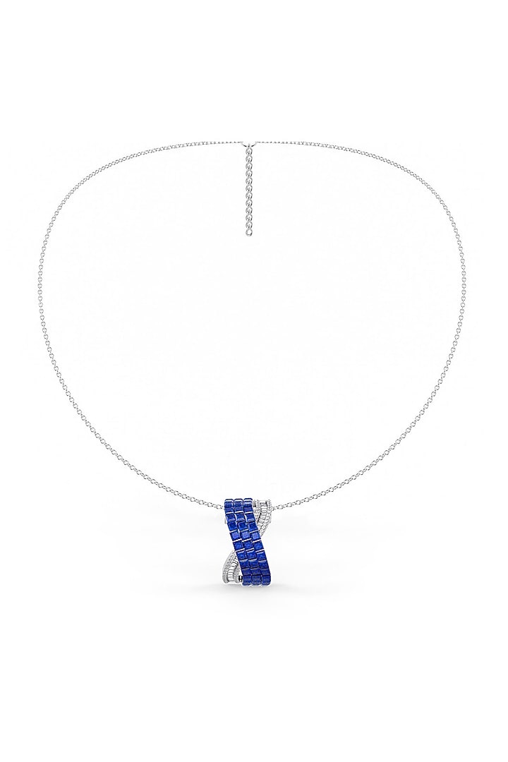 White Rhodium Finish Sapphire Synthetic Spinel Criss-Cross Pendant Necklace In Sterling Silver by MISS JO at Pernia's Pop Up Shop
