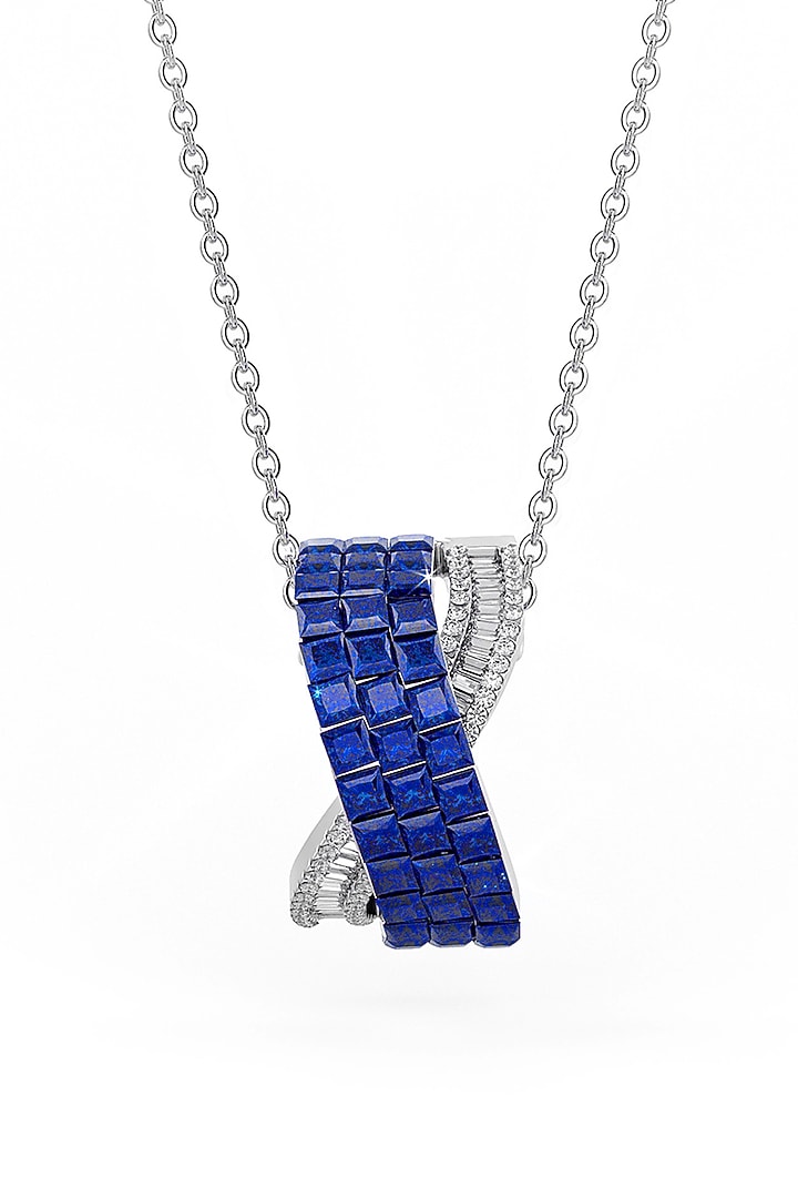 White Rhodium Finish Sapphire Synthetic Spinel Criss-Cross Pendant Necklace In Sterling Silver by MISS JO at Pernia's Pop Up Shop