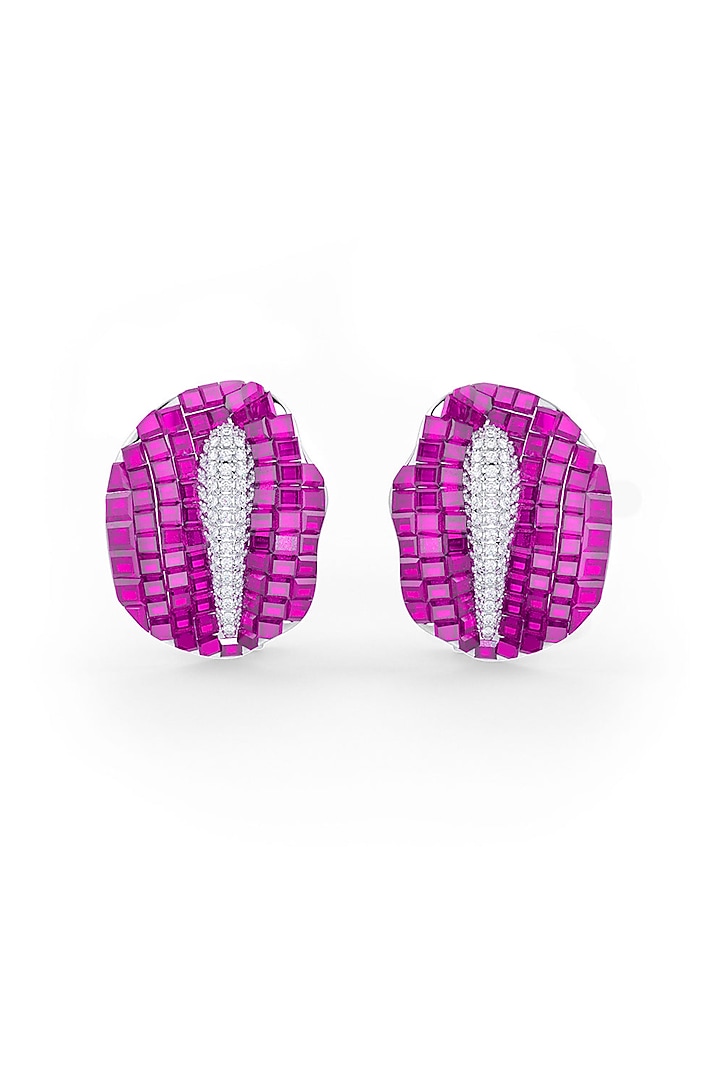 White Rhodium Finish Ruby Synthetic Spinel Stud Earrings In Sterling Silver by MISS JO at Pernia's Pop Up Shop