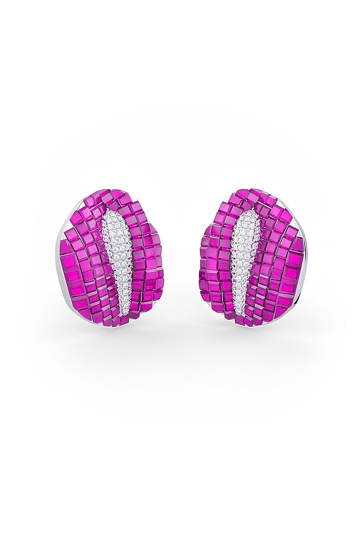White Rhodium Finish Ruby Synthetic Spinel Stud Earrings In Sterling Silver by MISS JO at Pernia's Pop Up Shop
