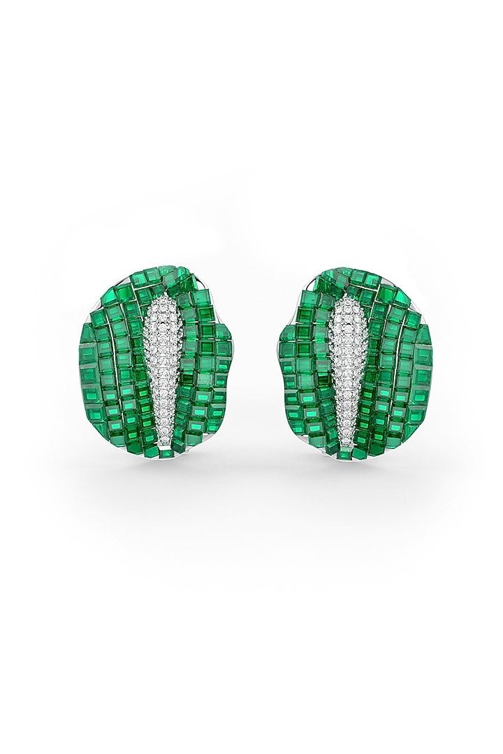 White Rhodium Finish Emerald Synthetic Spinel Stud Earrings In Sterling Silver by MISS JO at Pernia's Pop Up Shop