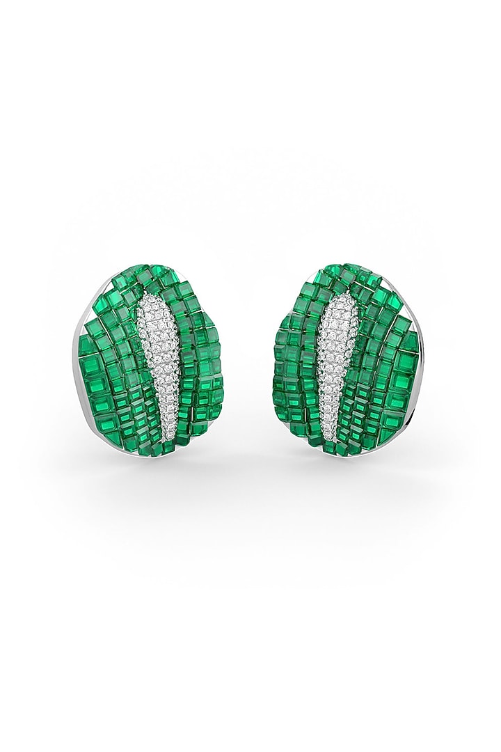 White Rhodium Finish Emerald Synthetic Spinel Stud Earrings In Sterling Silver by MISS JO at Pernia's Pop Up Shop
