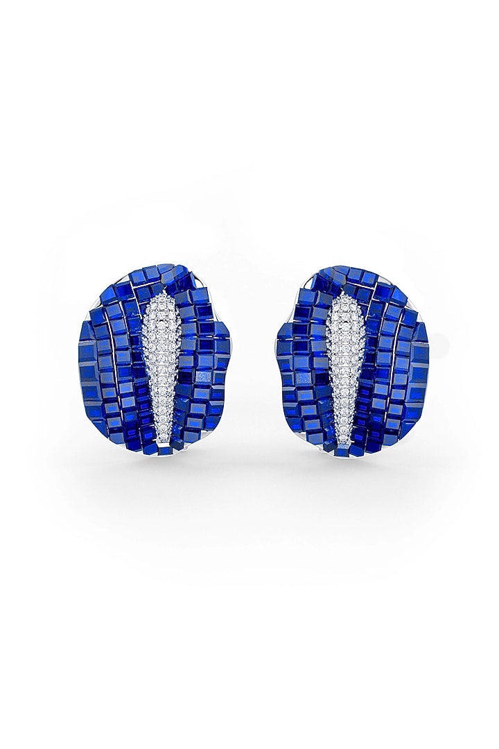 White Rhodium Finish Sapphire Synthetic Spinel Stud Earrings In Sterling Silver by MISS JO at Pernia's Pop Up Shop