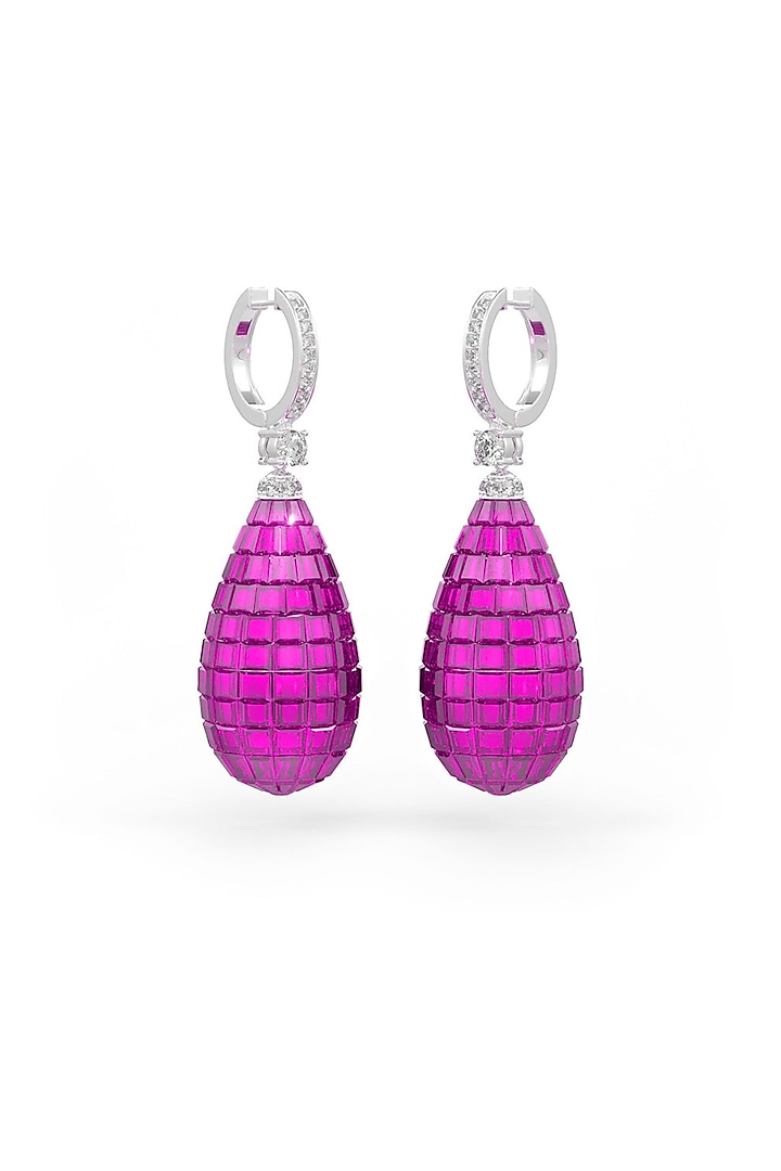 White Rhodium Finish Ruby Synthetic Spinel Dangler Earrings In Sterling Silver by MISS JO at Pernia's Pop Up Shop