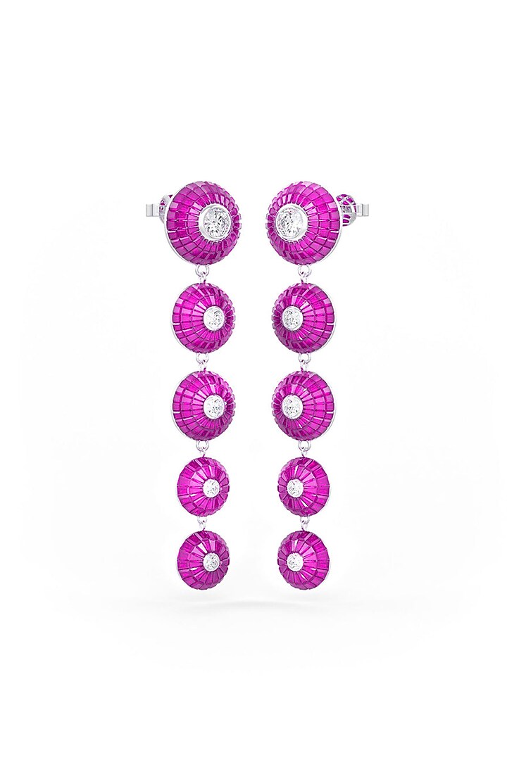 White Rhodium Finish Ruby Synthetic Spinel Dangler Earrings In Sterling Silver by MISS JO at Pernia's Pop Up Shop