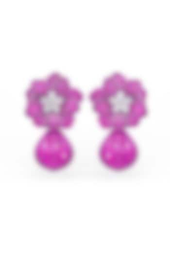 White Rhodium Finish Ruby Spinel Stone Floral Dangler Earrings In Sterling Silver by MISS JO at Pernia's Pop Up Shop