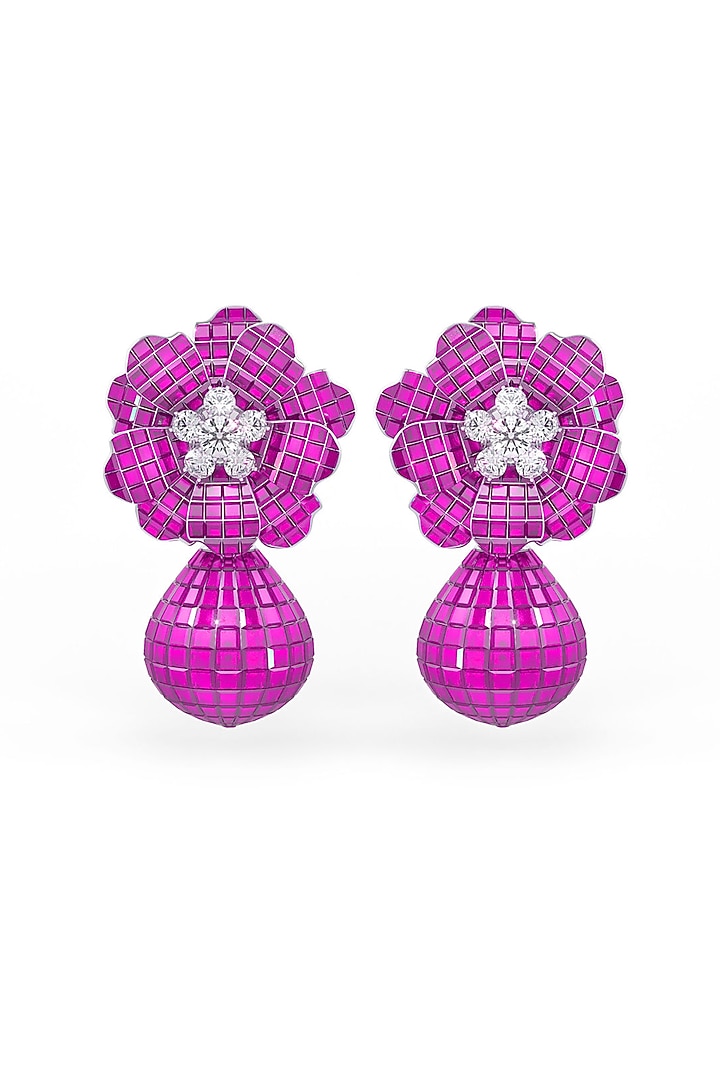 White Rhodium Finish Ruby Spinel Stone Floral Dangler Earrings In Sterling Silver by MISS JO at Pernia's Pop Up Shop