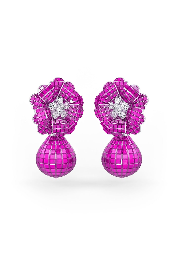 White Rhodium Finish Ruby Spinel Stone Floral Dangler Earrings In Sterling Silver by MISS JO at Pernia's Pop Up Shop