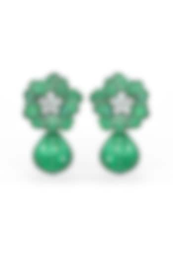 White Rhodium Finish Emerald Spinel Stone Floral Dangler Earrings In Sterling Silver by MISS JO at Pernia's Pop Up Shop