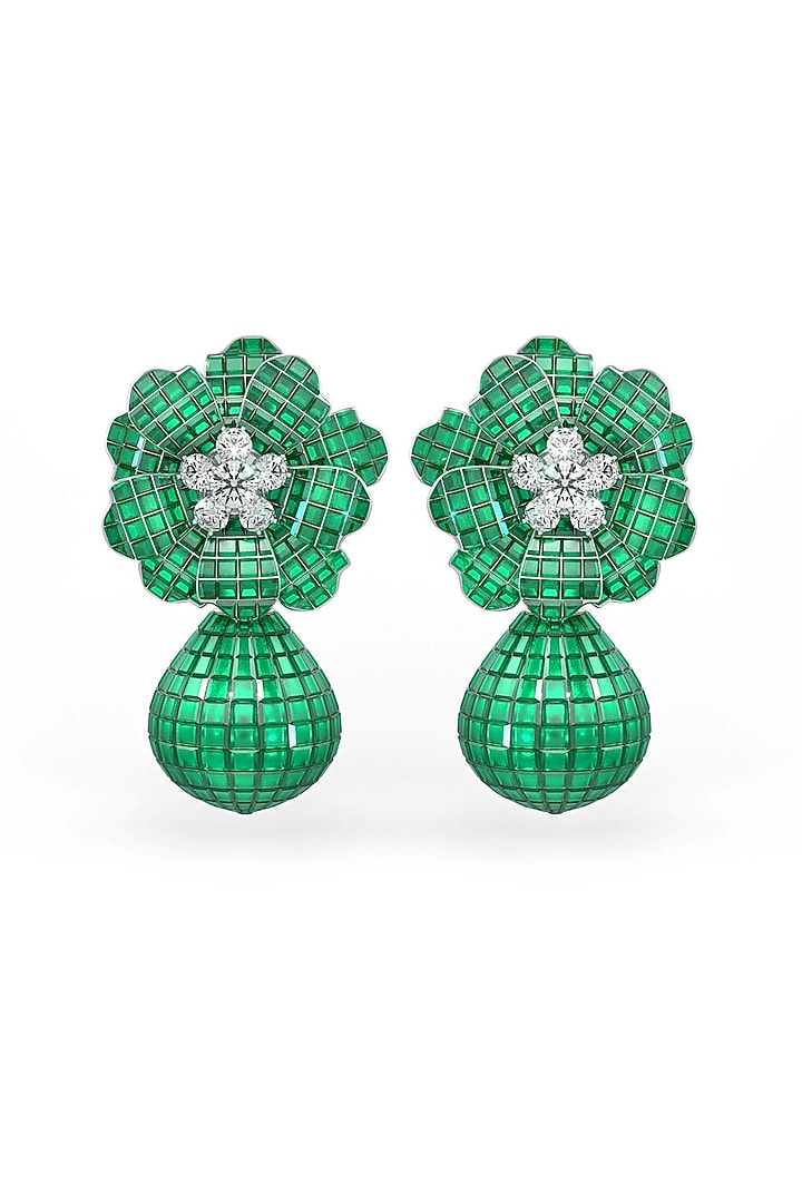 White Rhodium Finish Emerald Spinel Stone Floral Dangler Earrings In Sterling Silver by MISS JO at Pernia's Pop Up Shop