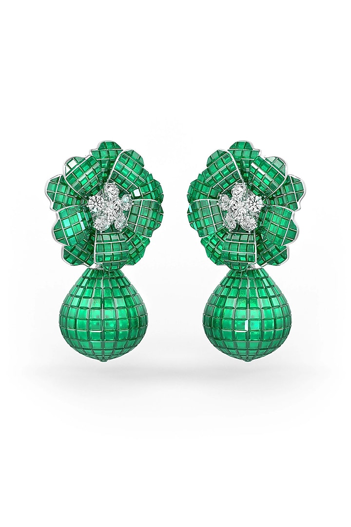 White Rhodium Finish Emerald Spinel Stone Floral Dangler Earrings In Sterling Silver by MISS JO at Pernia's Pop Up Shop