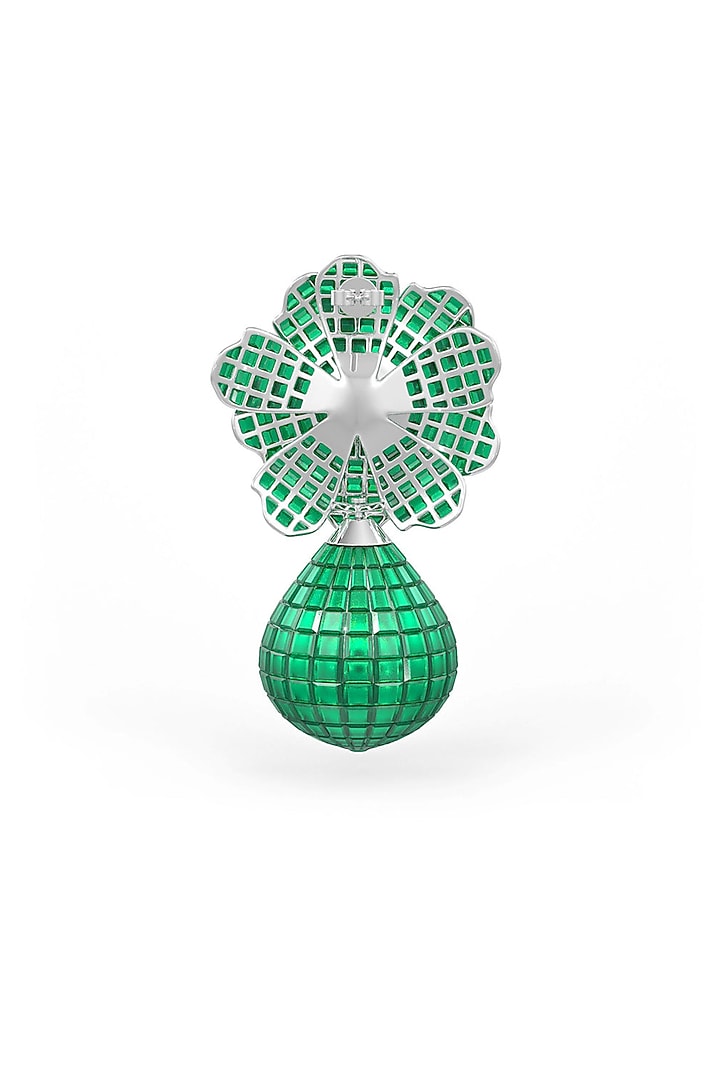 White Rhodium Finish Emerald Spinel Stone Floral Dangler Earrings In Sterling Silver by MISS JO at Pernia's Pop Up Shop