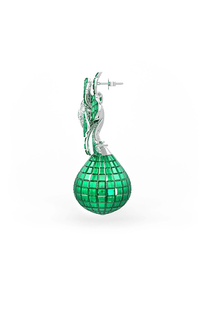 White Rhodium Finish Emerald Spinel Stone Floral Dangler Earrings In Sterling Silver by MISS JO at Pernia's Pop Up Shop
