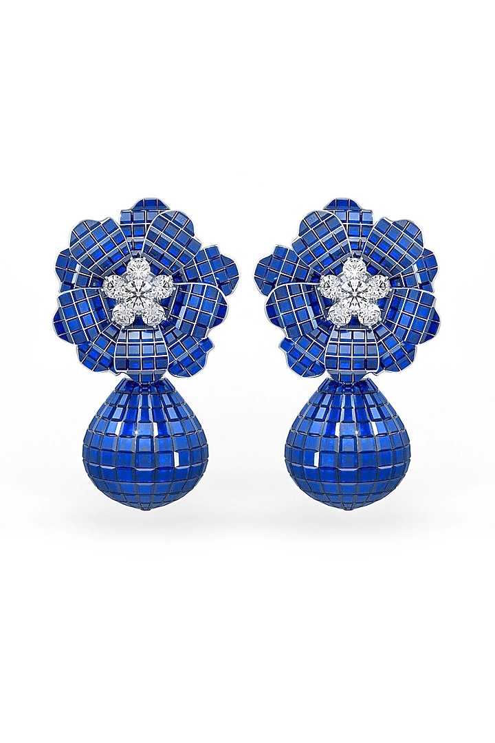 White Rhodium Finish Sapphire Spinel Stone Floral Dangler Earrings In Sterling Silver by MISS JO at Pernia's Pop Up Shop