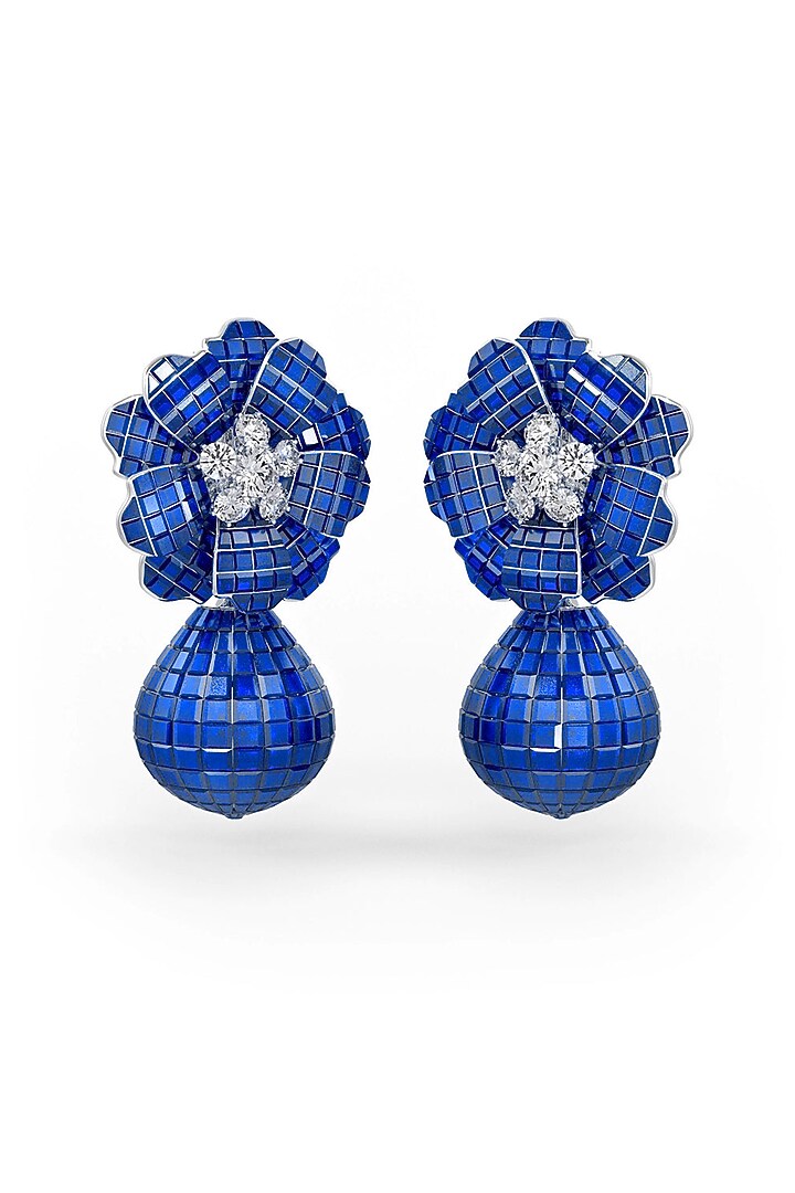 White Rhodium Finish Sapphire Spinel Stone Floral Dangler Earrings In Sterling Silver by MISS JO at Pernia's Pop Up Shop