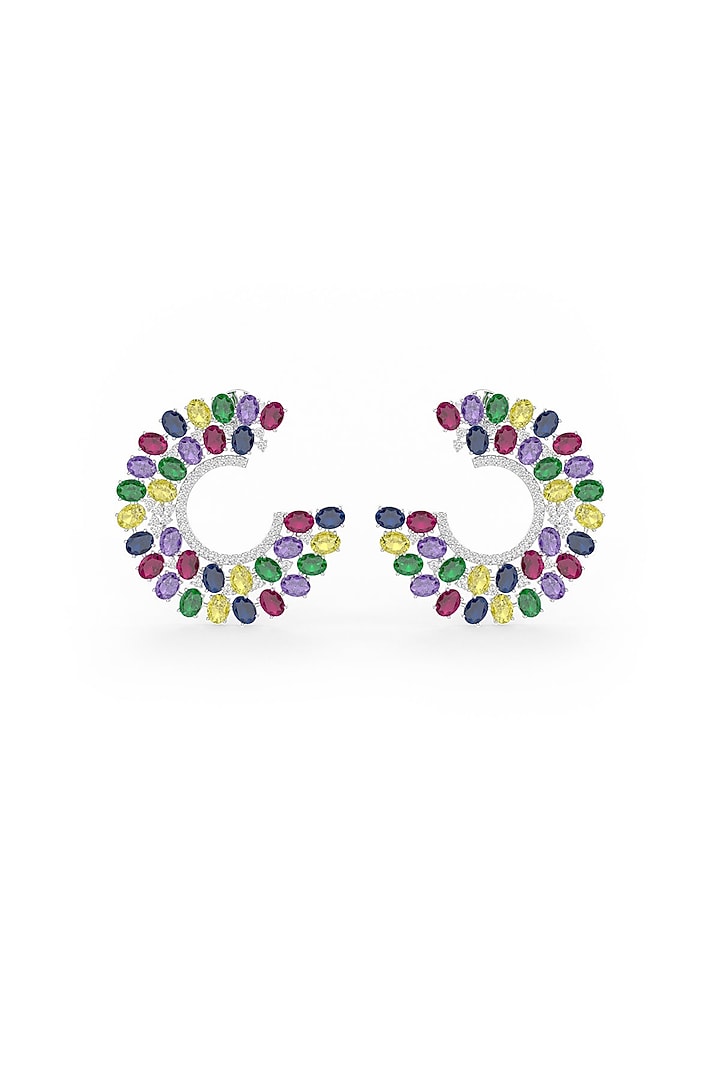 White Rhodium Finish Multi-Colored Cubic Zirconia Hoop Earrings In Sterling Silver by MISS JO at Pernia's Pop Up Shop