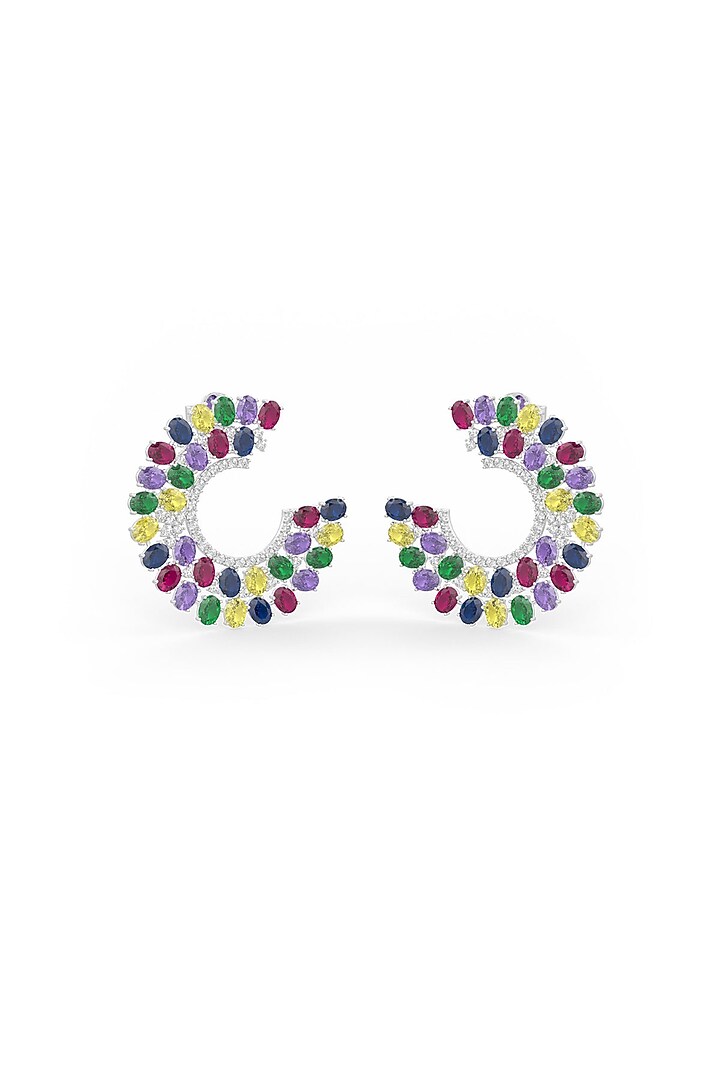 White Rhodium Finish Multi-Colored Cubic Zirconia Hoop Earrings In Sterling Silver by MISS JO at Pernia's Pop Up Shop