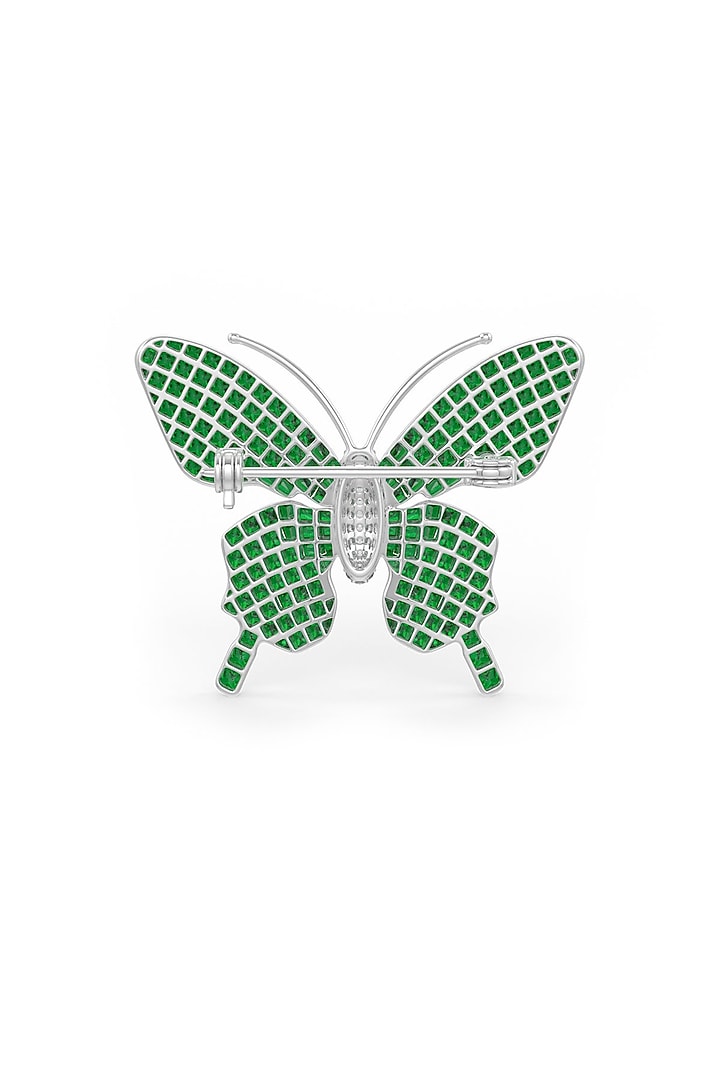 White Rhodium Finish Emerald Spinel Stone Statement Brooch In Sterling Silver by MISS JO at Pernia's Pop Up Shop