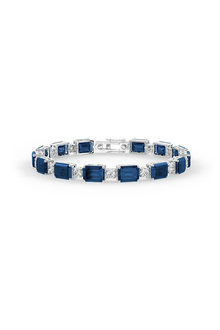 White Rhodium Finish Cubic Zirconia & Sapphire Stone Bracelet In Sterling Silver by MISS JO at Pernia's Pop Up Shop