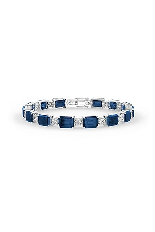 White Rhodium Finish Cubic Zirconia & Sapphire Stone Bracelet In Sterling Silver by MISS JO