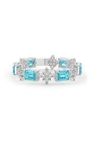 White Rhodium Finish Cubic Zirconia & Aqua Stone Bracelet In Sterling Silver by MISS JO