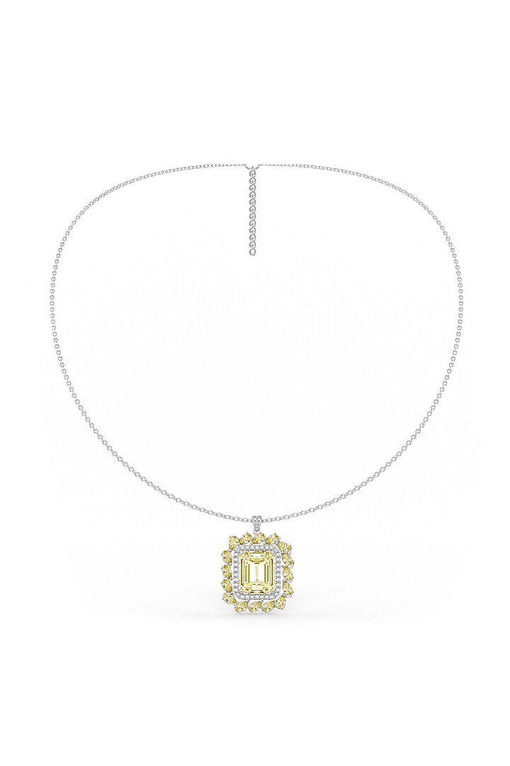 White Rhodium Finish Cubic Zirconia & Yellow Stone Pendant Necklace In Sterling Silver by MISS JO at Pernia's Pop Up Shop