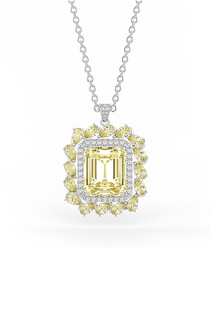 White Rhodium Finish Cubic Zirconia & Yellow Stone Pendant Necklace In Sterling Silver by MISS JO at Pernia's Pop Up Shop