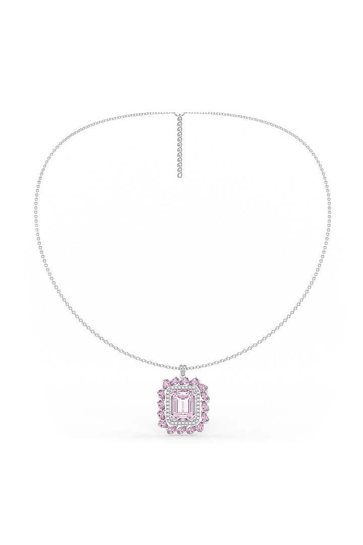White Rhodium Finish Cubic Zirconia & Pink Stone Pendant Necklace In Sterling Silver by MISS JO at Pernia's Pop Up Shop