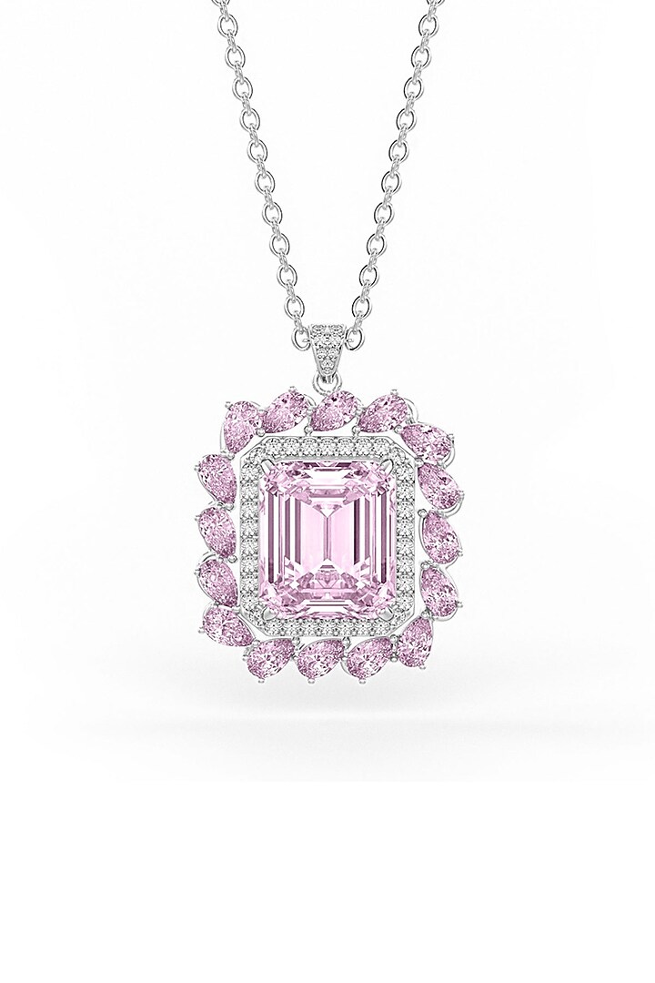 White Rhodium Finish Cubic Zirconia & Pink Stone Pendant Necklace In Sterling Silver by MISS JO at Pernia's Pop Up Shop