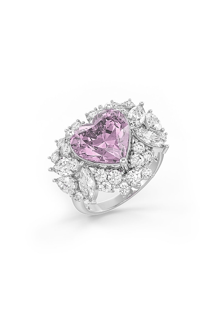 White Rhodium Finish Cubic Zirconia & Pink Stone Ring In Sterling Silver by MISS JO at Pernia's Pop Up Shop